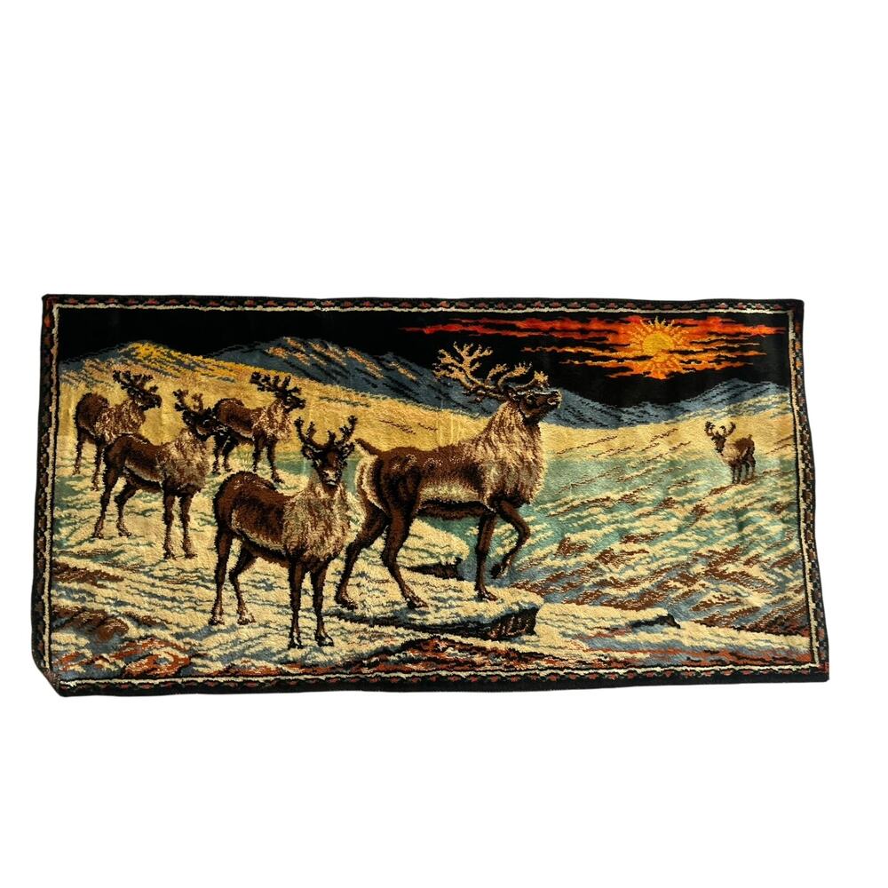 Vtg. Tapestry deer elk caribou hunting woods wall hanging made Italy  38X19”